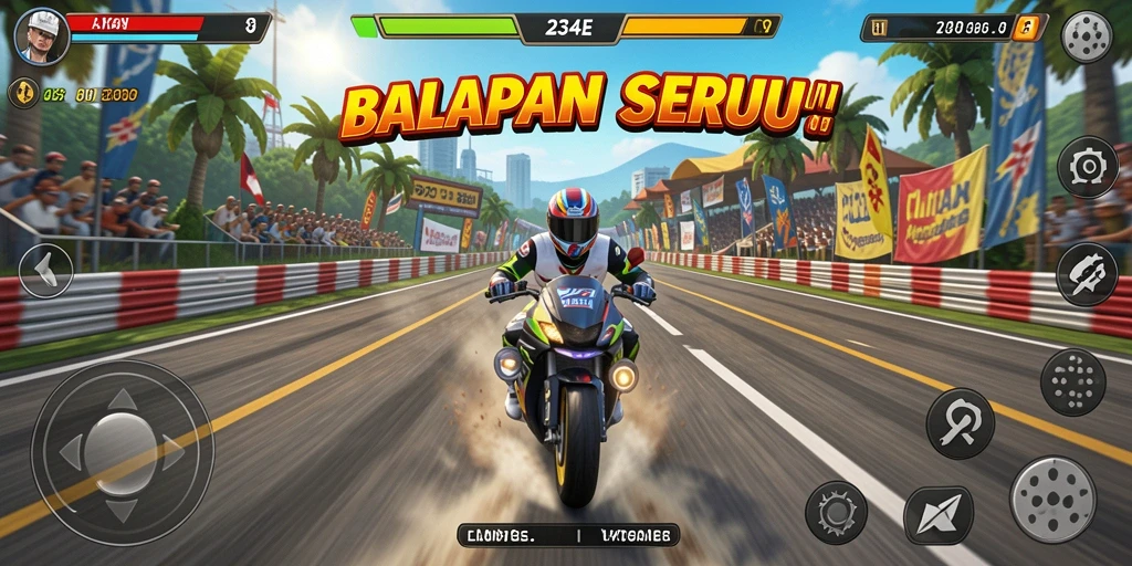 Screenshot utama 234E menampilkan aksi balapan yang mendebarkan.