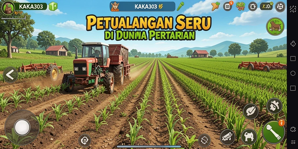 Tampilan screenshot gameplay KAKA303 menampilkan ladang subur dan hewan ternak.