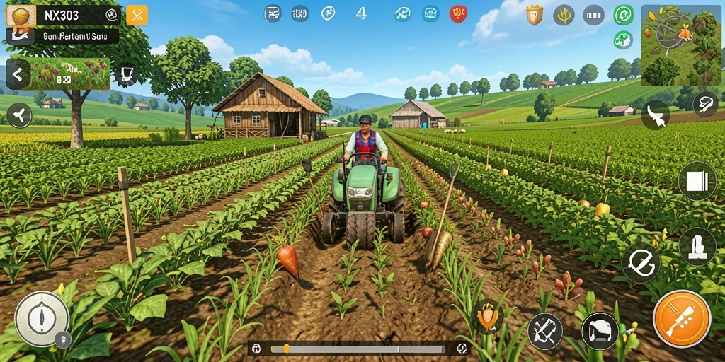 Tampilan gameplay NX303 yang menawan dengan berbagai tanaman.
