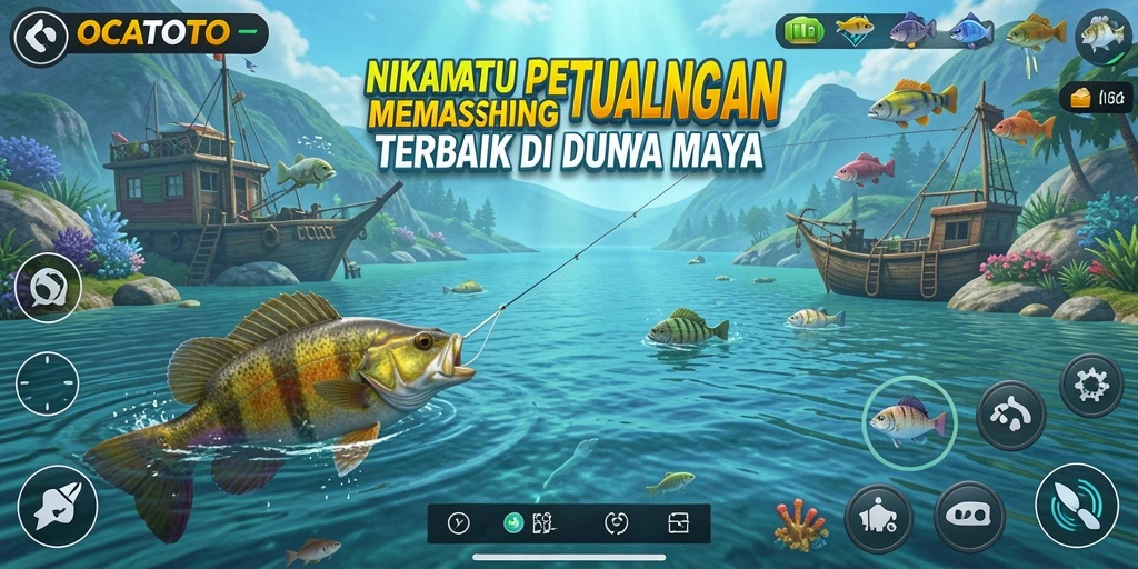 Tangkapan layar gameplay OCATOTO menunjukkan aksi memancing yang mendebarkan.