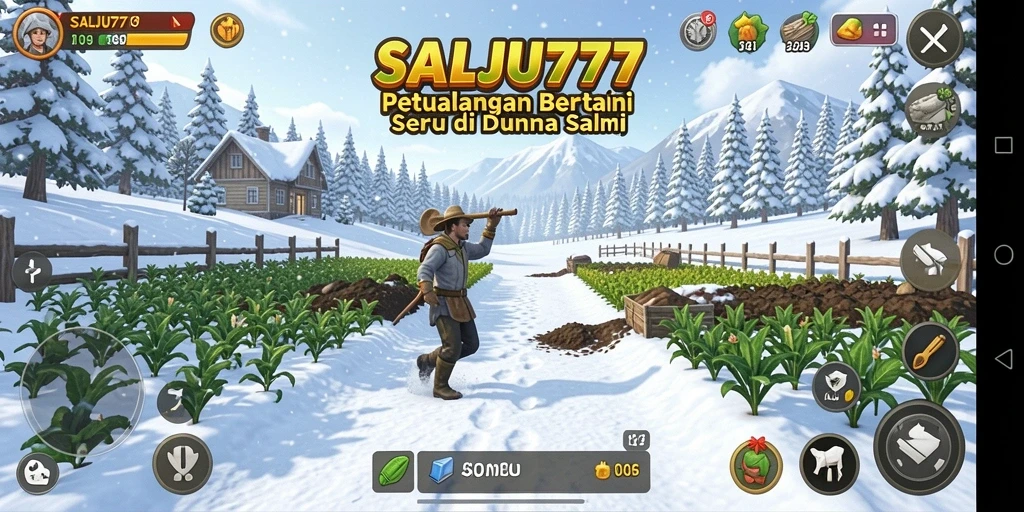 Tampilan gameplay SALJU777 dengan aktivitas bertani di dunia bersalju.