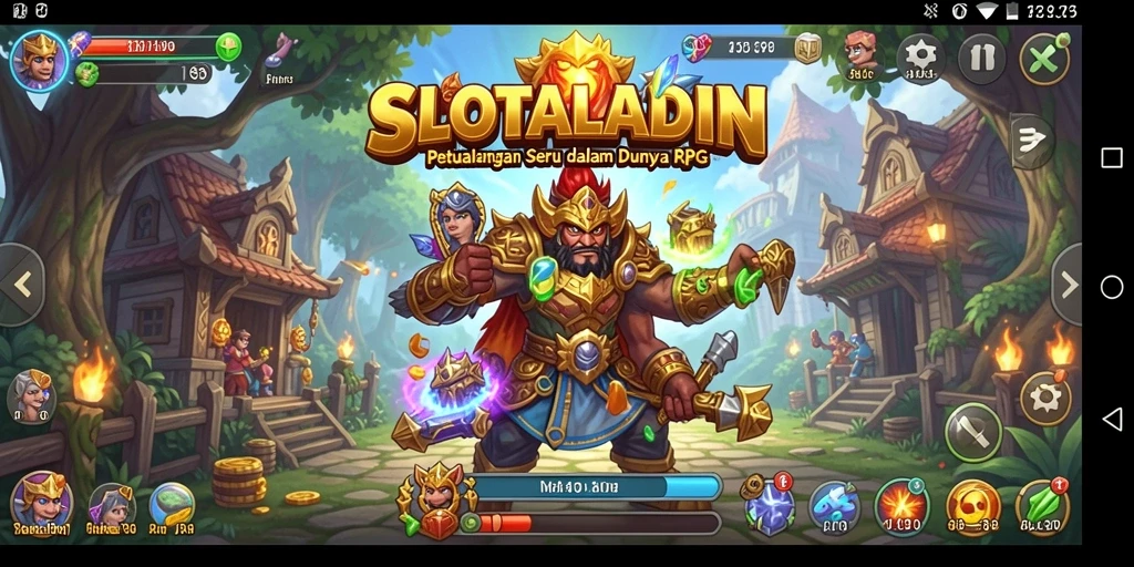 Tangkapan layar menampilkan pertarungan epik dalam SLOTALADIN dengan karakter yang beraksi.